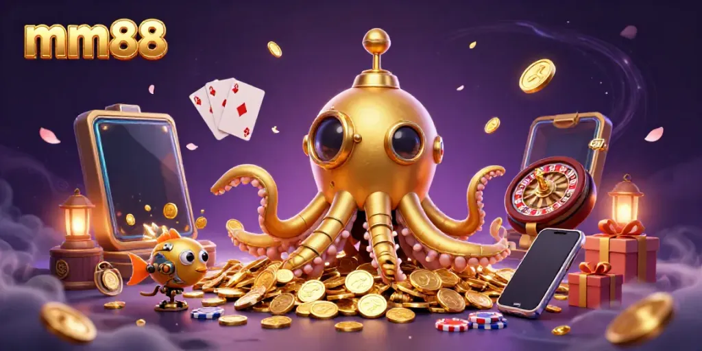 The mm88 gaming scene showcases a golden kraken submarine emerging from coins and celebrating with mechanical fish.