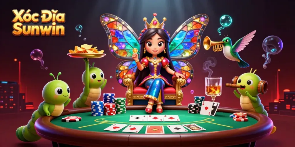 Xóc Đĩa Sunwin captivates with a vibrant scene featuring a butterfly queen and poker elements.
