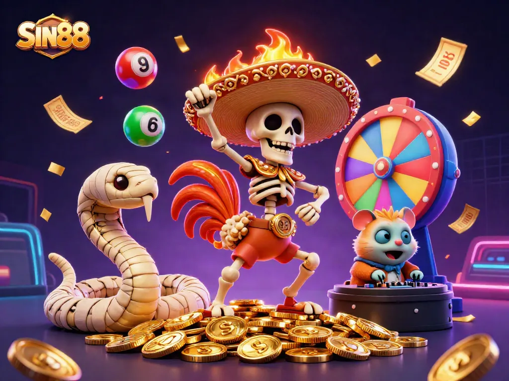SIN88 showcases a lively scene with a skeleton mariachi rooster, mummy snake, and hamster DJ surrounded by vibrant gambling elements.