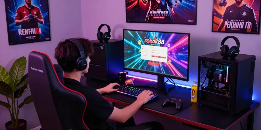 rokok88 login displayed on a vibrant gaming monitor with a stylish setup