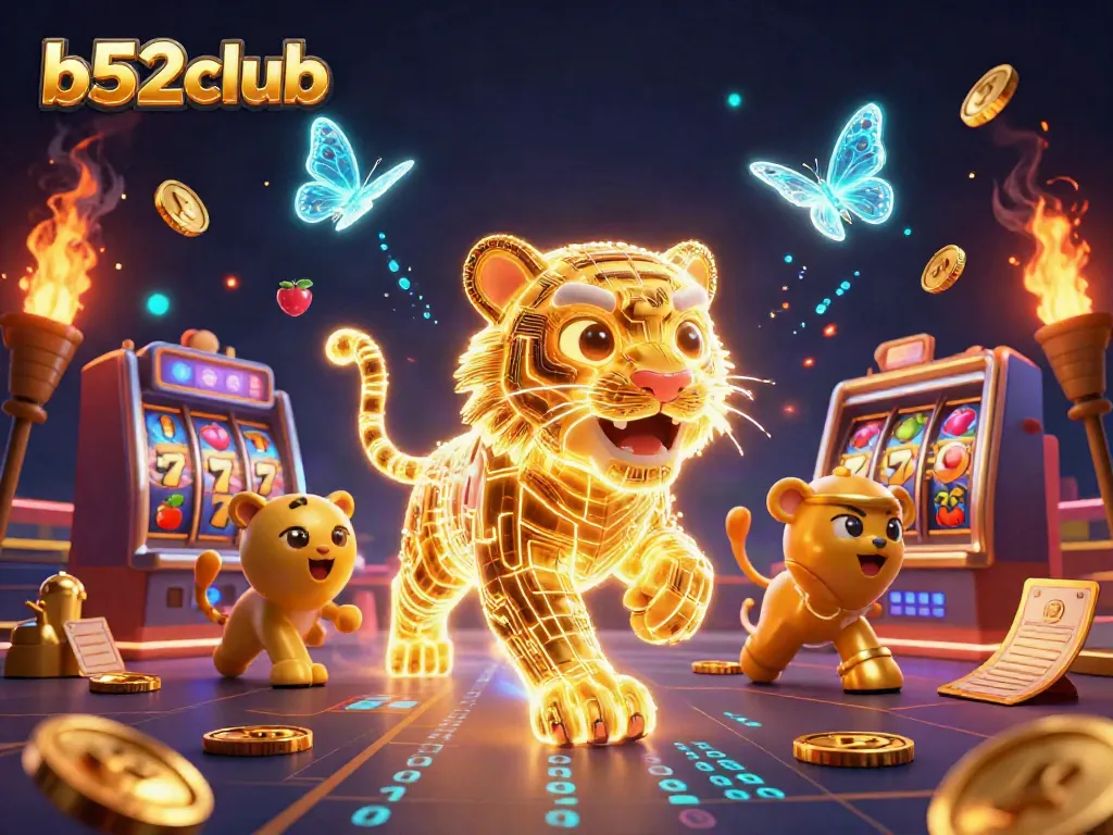 Engage with b52club's immersive casino experience featuring a golden tiger and vibrant slot machines.