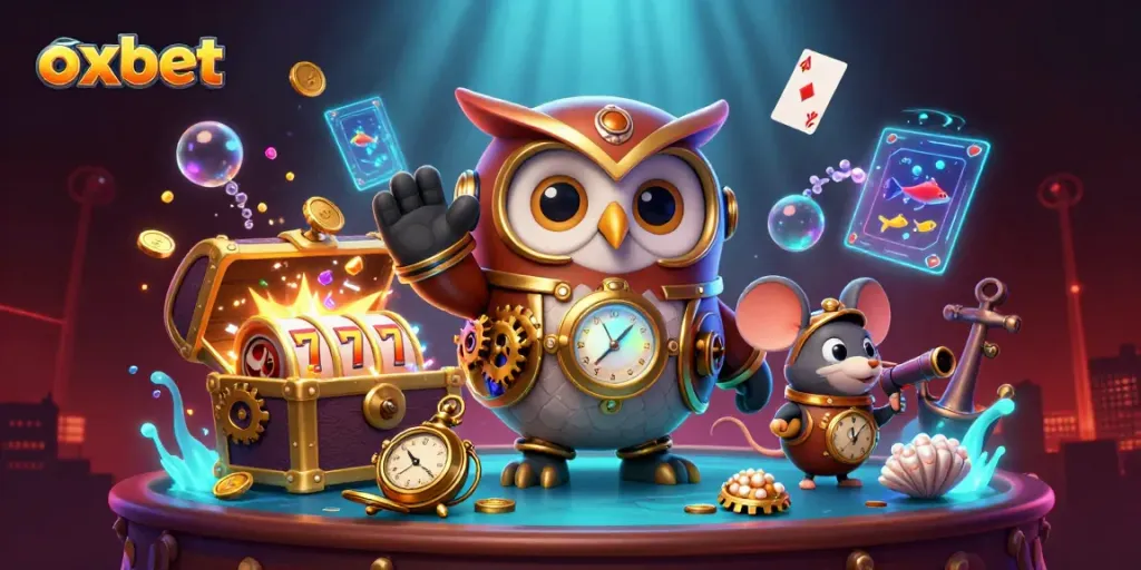 Spin for treasures with OXBET's immersive 3D casino adventure showcasing vibrant characters and games.