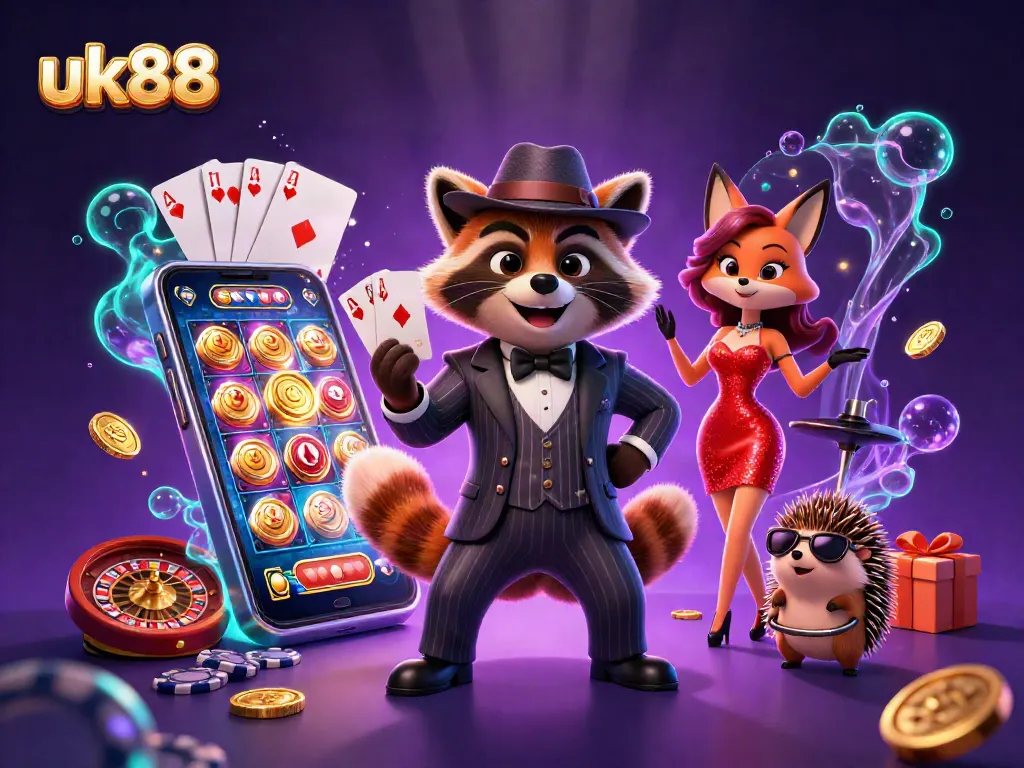 Join the action at uk88 with a vibrant casino scene featuring animated characters and a winning atmosphere.