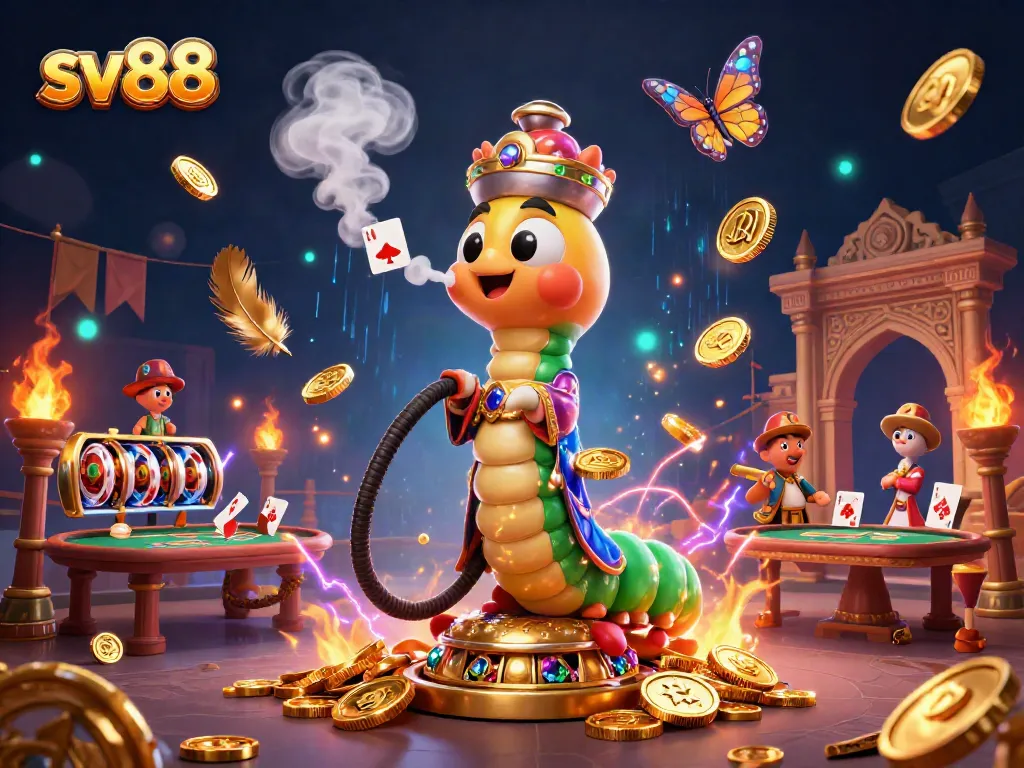 Experience the enchanting sv88 casino universe where a caterpillar master entertains with poker symbols amidst a vibrant gaming arena.