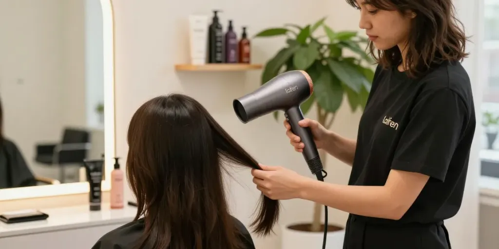Eine professionelle Stylistin verwendet den laifen föhn in einem eleganten Friseursalon.