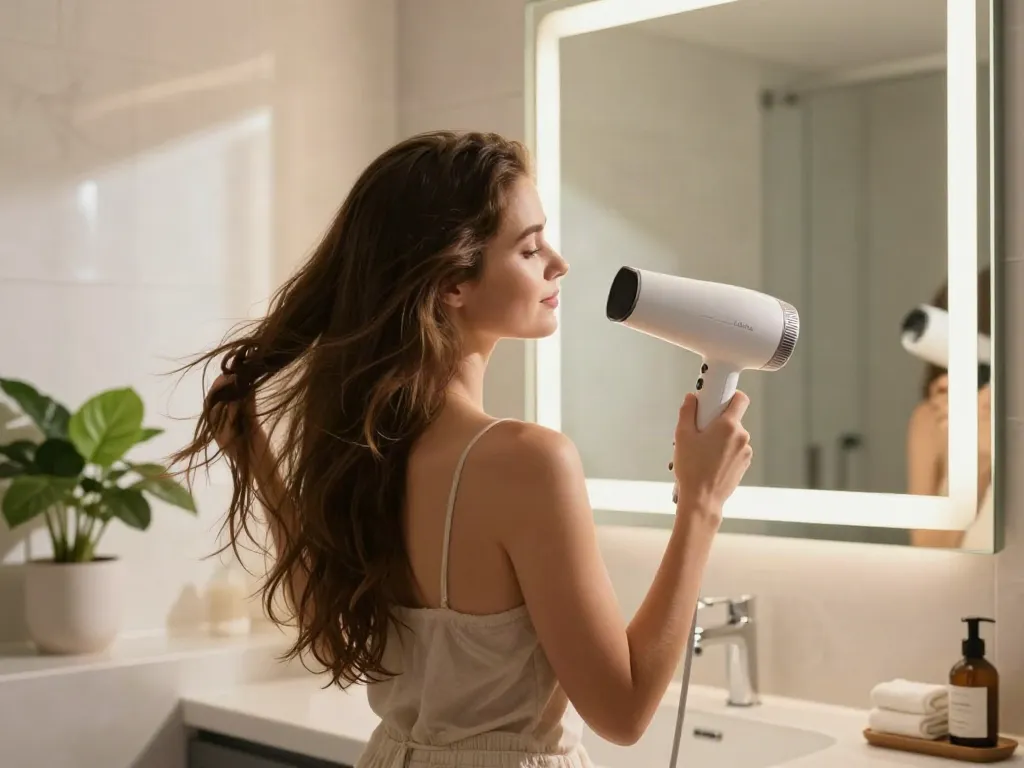 Frau mit laifen Föhn im Badezimmer, elegante Atmosphäre und luxuriöse Einrichtung.