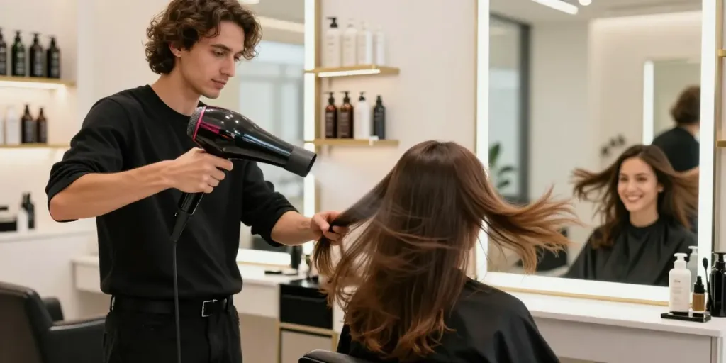 Haartrockner im Test: Hochgeschwindigkeits-Haartrockner im Einsatz im modernen Friseursalon