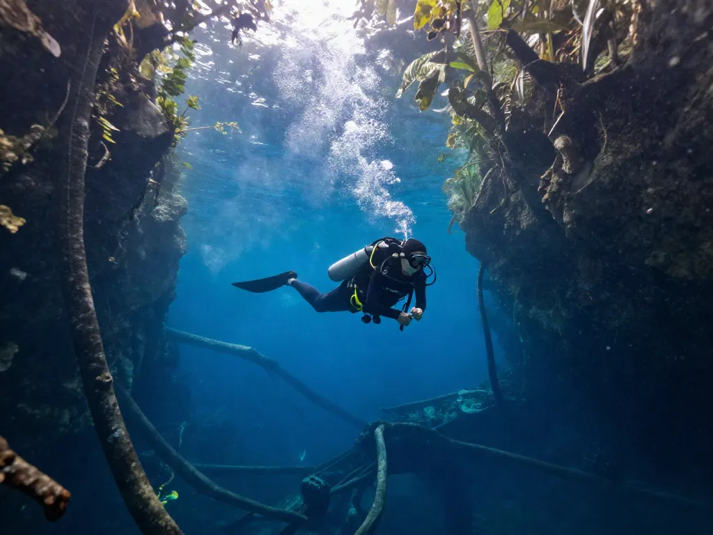 Taucher im Cenote Angelita, umgeben von trübem Wasser und grünen Baumstämmen, zeigt die atemberaubende Unterwasserwelt.