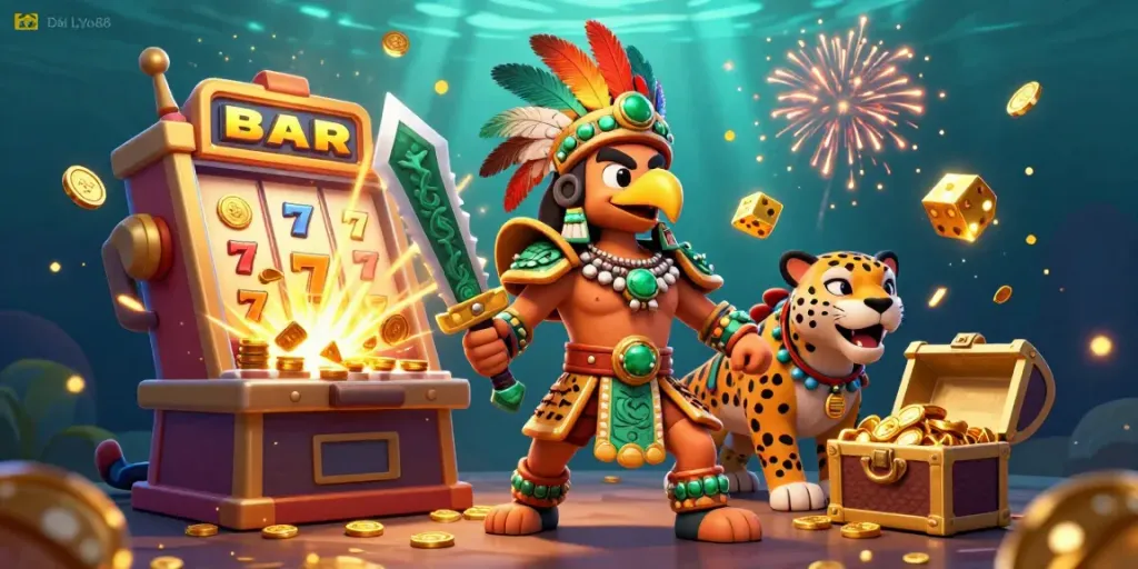Engage with Đại Lý Yo88's thrilling atmosphere featuring vibrant slot machine visuals and dynamic game elements.