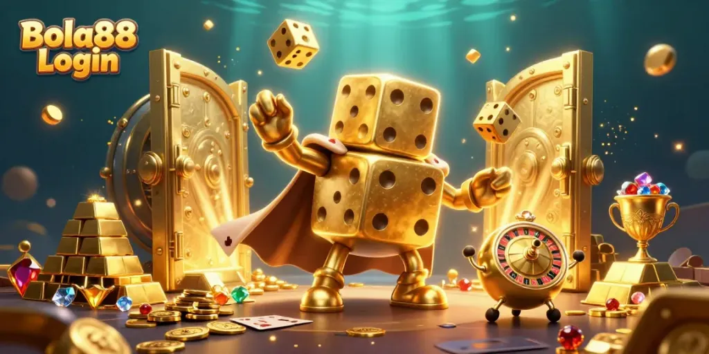 Experience the excitement of Bola88 Login with a 3D dice golem amidst dazzling casino treasures.