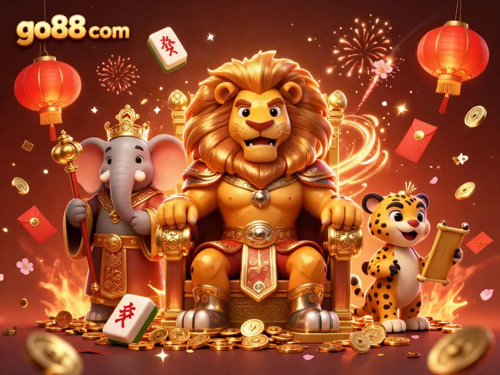 Experience the vibrant energy of go88 com with a royal lion king and advisors amidst festive casino-themed elements.